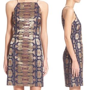 Size 2 Tory Burch Jacquard Blue & Gold Mini Dress
